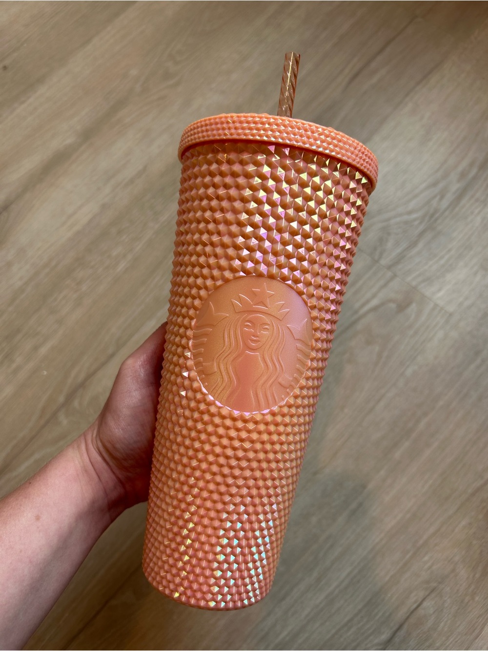 STARBUCKS Limited Edition Peach Sparkle Iridescent Studded Cold Cup in Pink 24oz